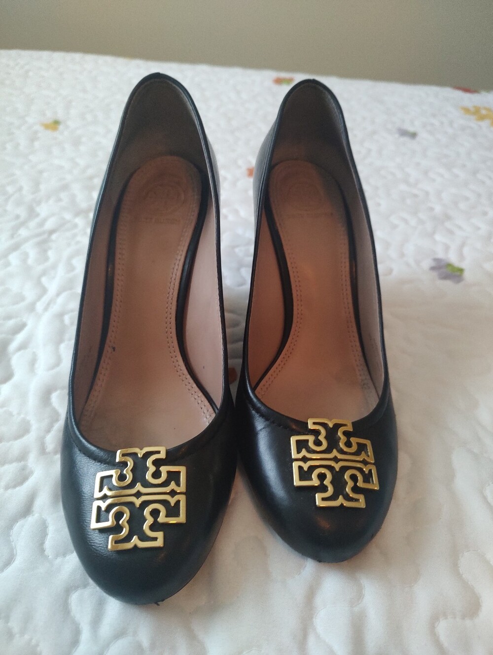 Tory Burch Black Leather Heels with Gold Logo Accent
